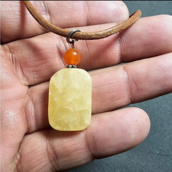 Rectangle Yellow Natural Gemstone Pendant 16" Leather Necklace Sterling Clasp - Picture 4 of 6